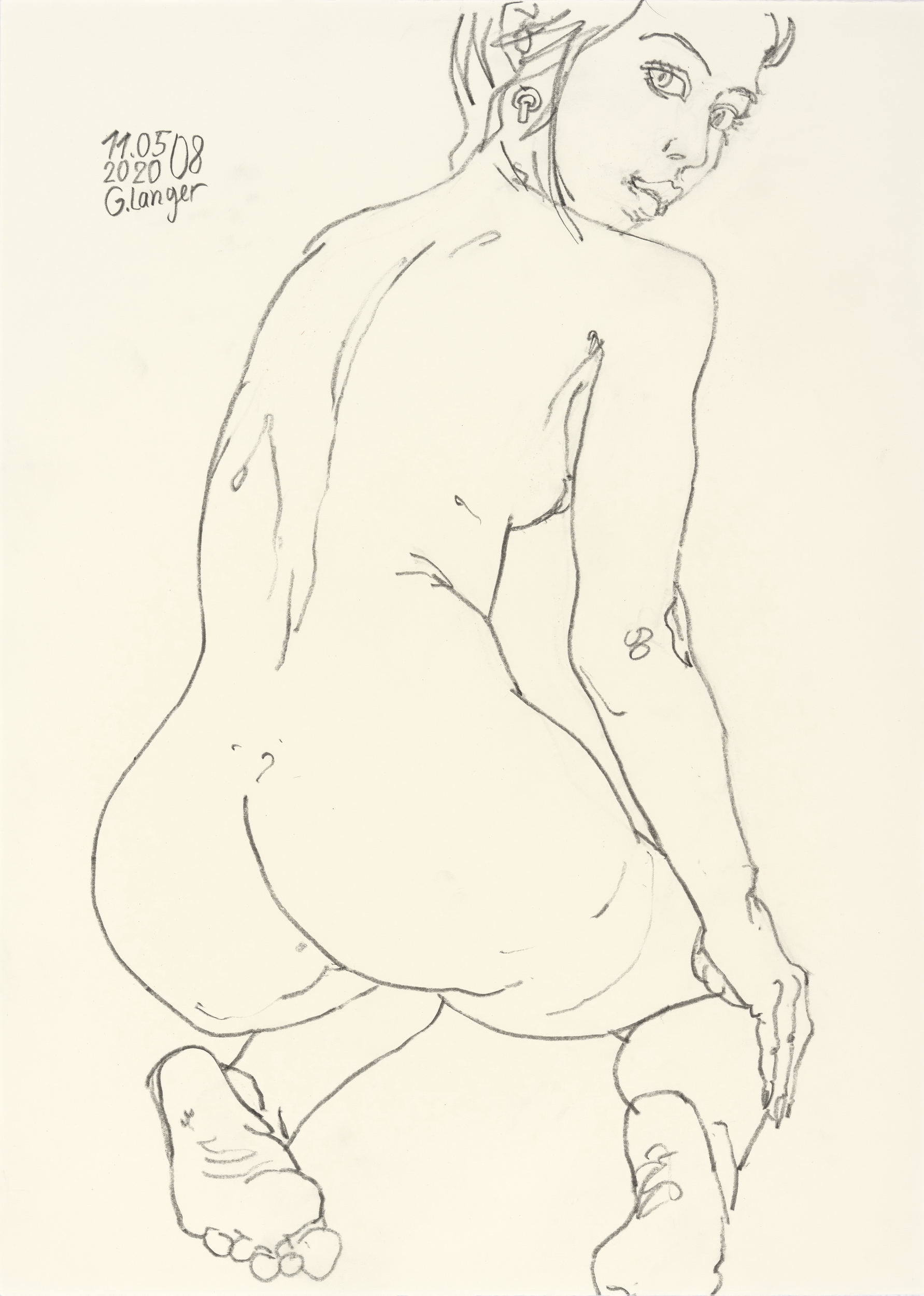 Gunter Langer, Kniendes nacktes Mädchen nach vorn gebeugt, Leise Signale , 2020, Zeichnung, Zeichenpapier, 70 x 51 cm